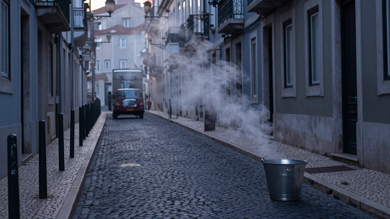 Early Morning Lisbon Street Scene with Steam and Urban Details Before Sunrise in in Lisbon, Portugal