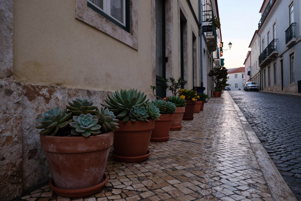 Early Morning Lisbon Street Scene with Terracotta Pots and Substation Road Reflections in in Lisbon, Portugal