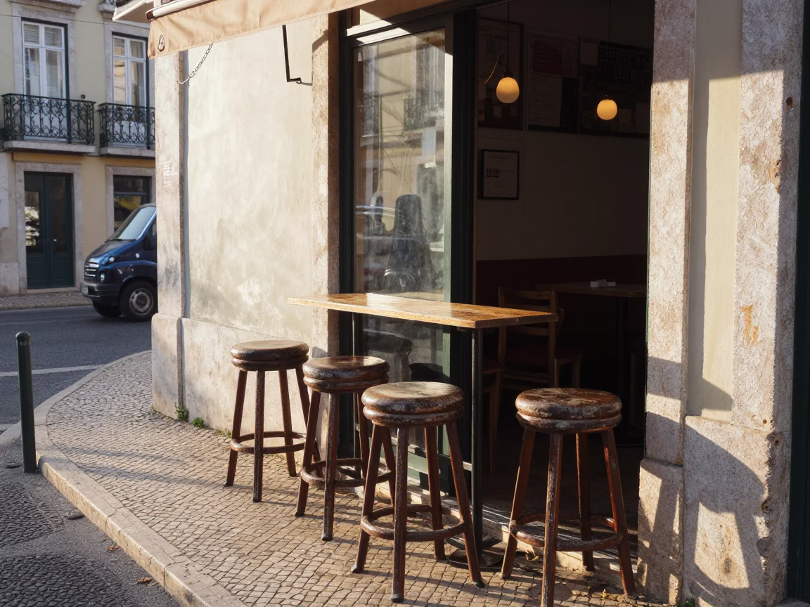 Early Morning Lisbon Street Scene with Traditional Bar Stools and Morning Light in in Lisbon, Portugal