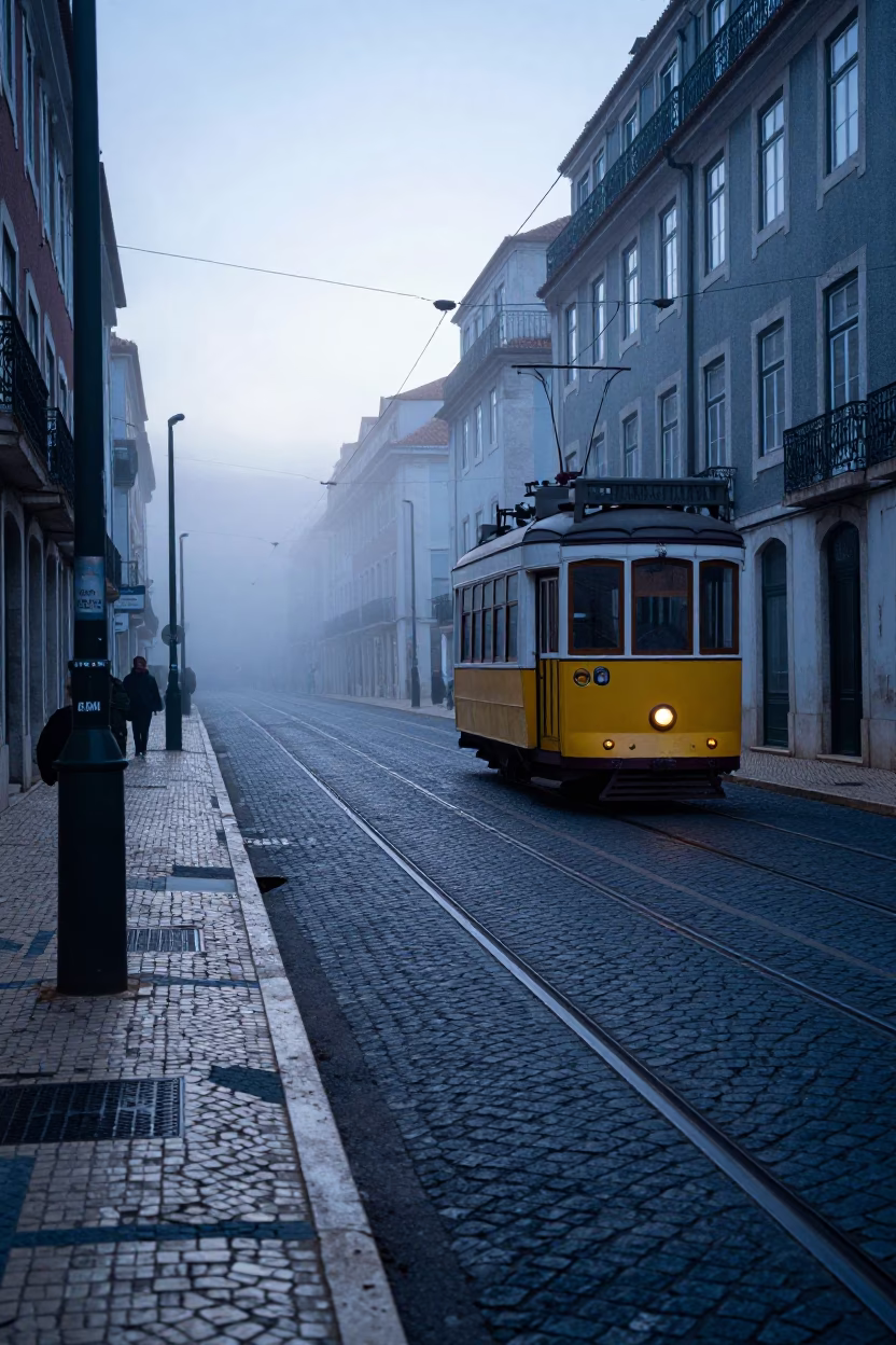 Early Morning Lisbon Street Scene with Tram Lines and Stone Pavement Before Sunrise in in Lisbon, Portugal
