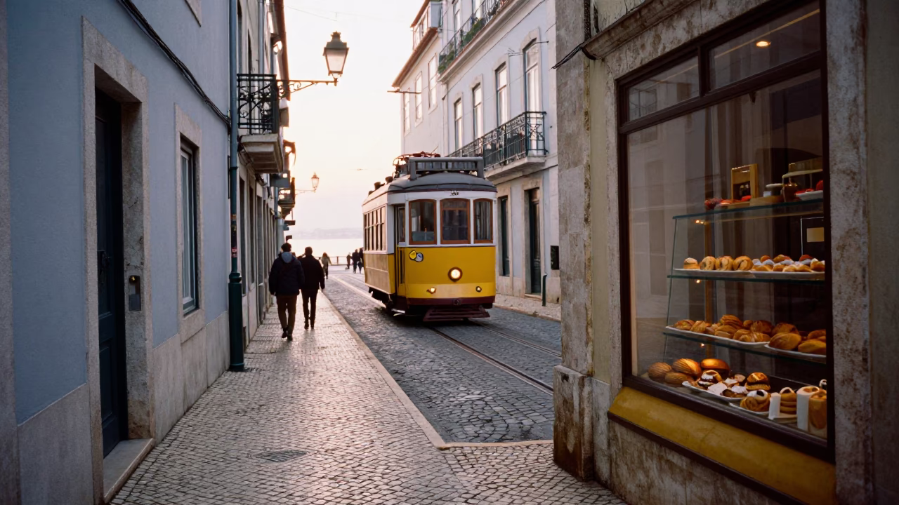 Early Morning Lisbon Street Scene with Tram Tracks and Local Bakery Display in in Lisbon, Portugal