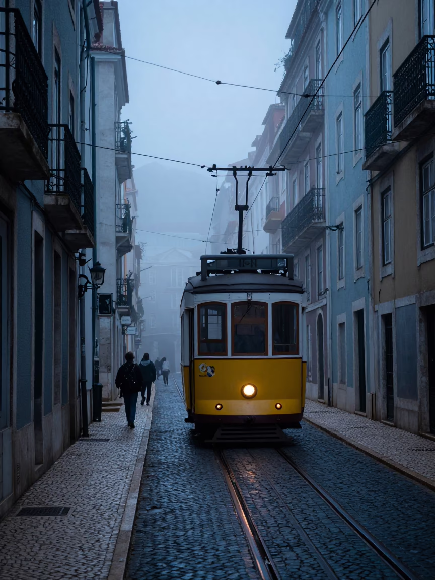 Early Morning Lisbon Street Scene with Tramway Gondola Above Fog and Local Café Details in in Lisbon, Portugal