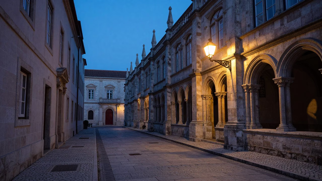 Early Morning Lisbon Street Scene with University Cloister Stone Walkway Before Dawn in in Lisbon, Portugal