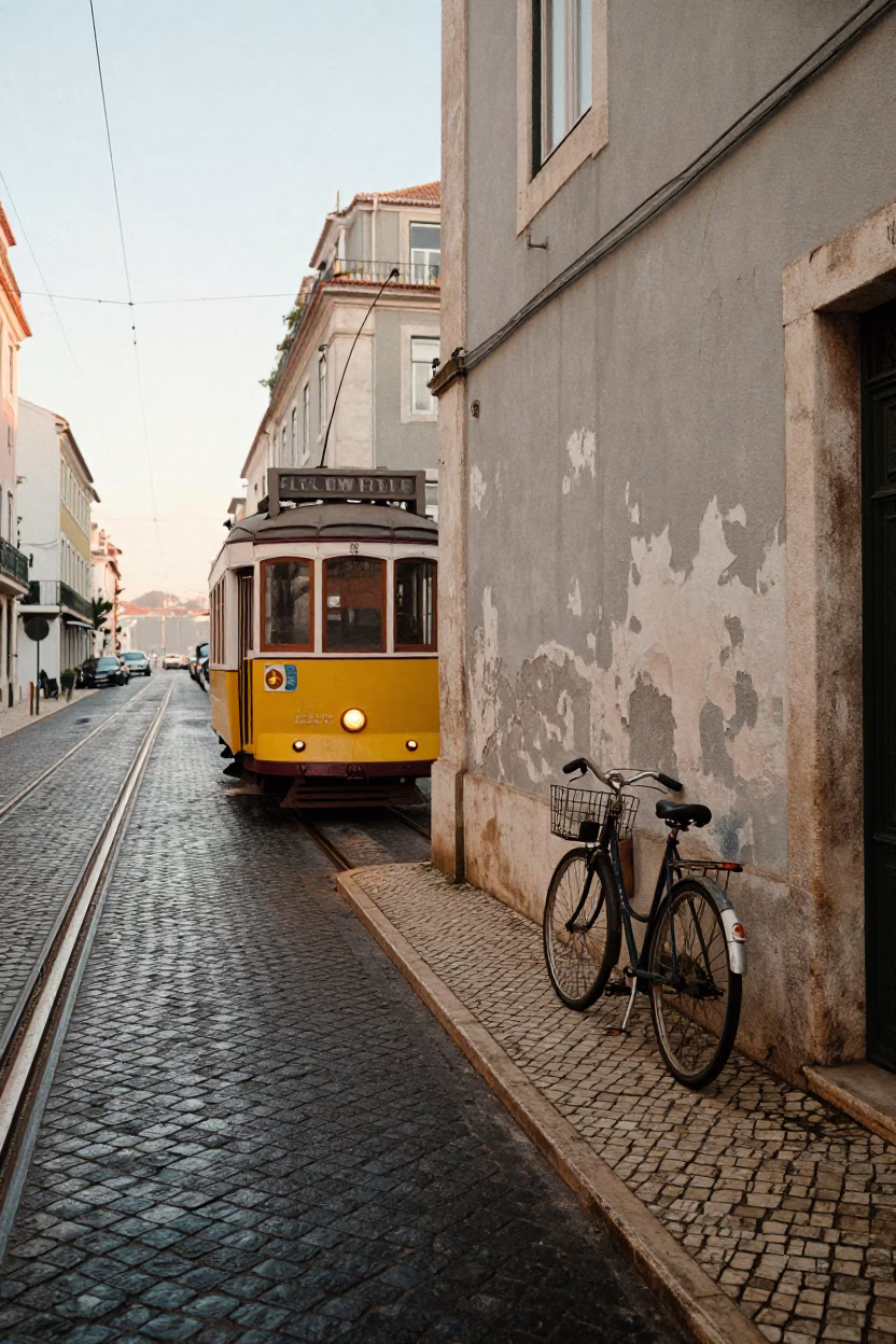 Early Morning Lisbon Street Scene with Vintage 1970s Aesthetic and Wet Cobblestones in in Lisbon, Portugal