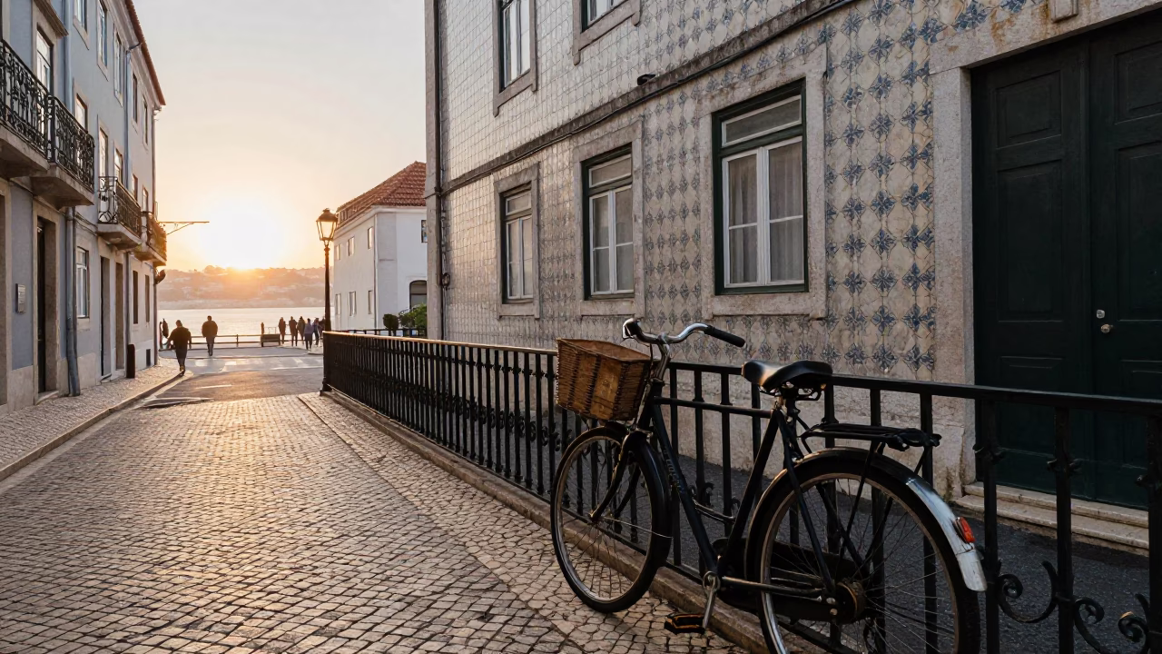 Early Morning Lisbon Street Scene with Vintage 1990s Aesthetic and Local Details in in Lisbon, Portugal