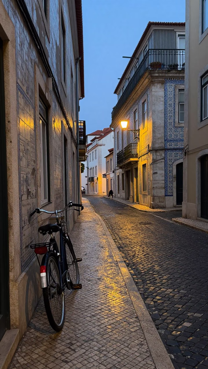 Early Morning Lisbon Street Scene with Vintage Bicycle and Cobblestones Before Sunrise in in Lisbon, Portugal