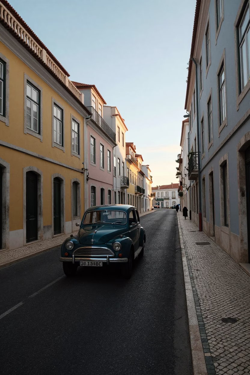 Early Morning Lisbon Street Scene with Vintage Car and Blue Porcelain in in Lisbon, Portugal