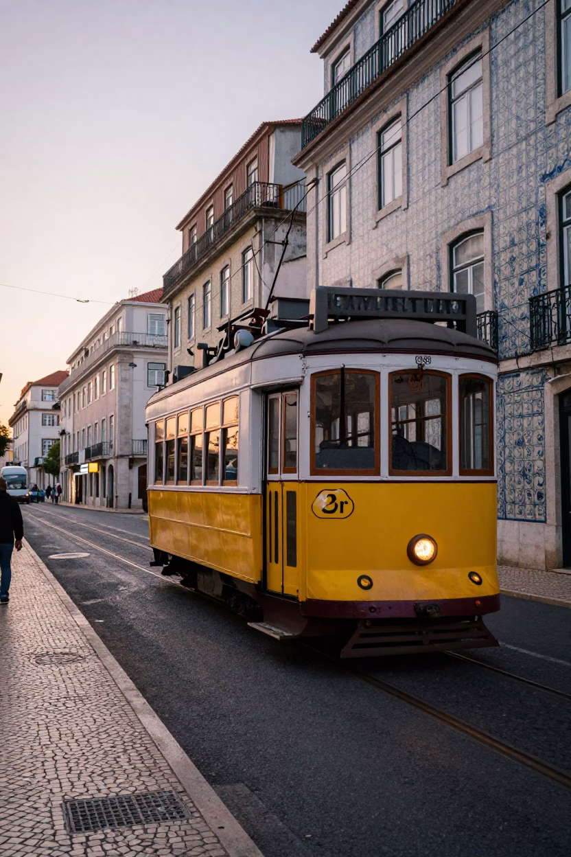 Early Morning Lisbon Street Scene with Vintage Tram and Clay Pot in in Lisbon, Portugal