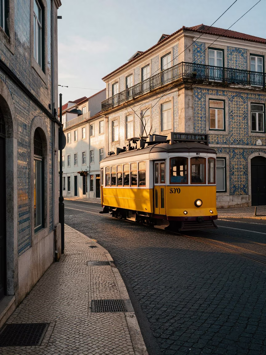 Early Morning Lisbon Street Scene with Vintage Trolley and Traditional Architecture in in Lisbon, Portugal