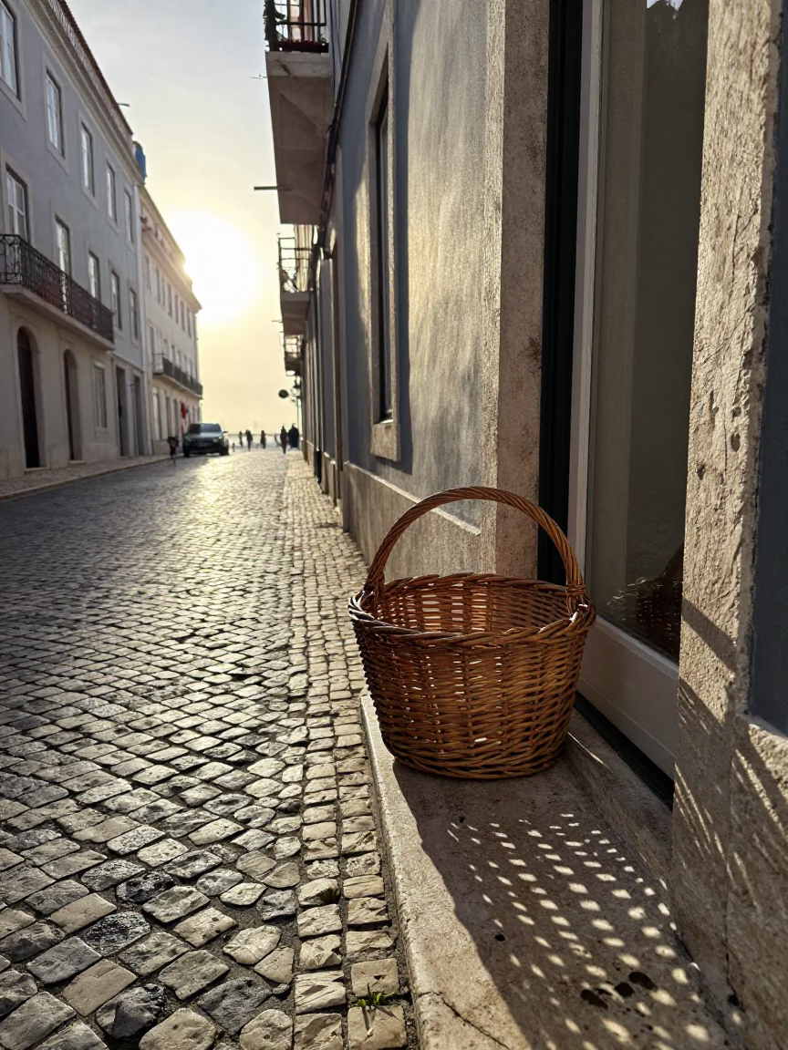 Early Morning Lisbon Street Scene with Wicker Shadow and Substation Fence Dew in in Lisbon, Portugal