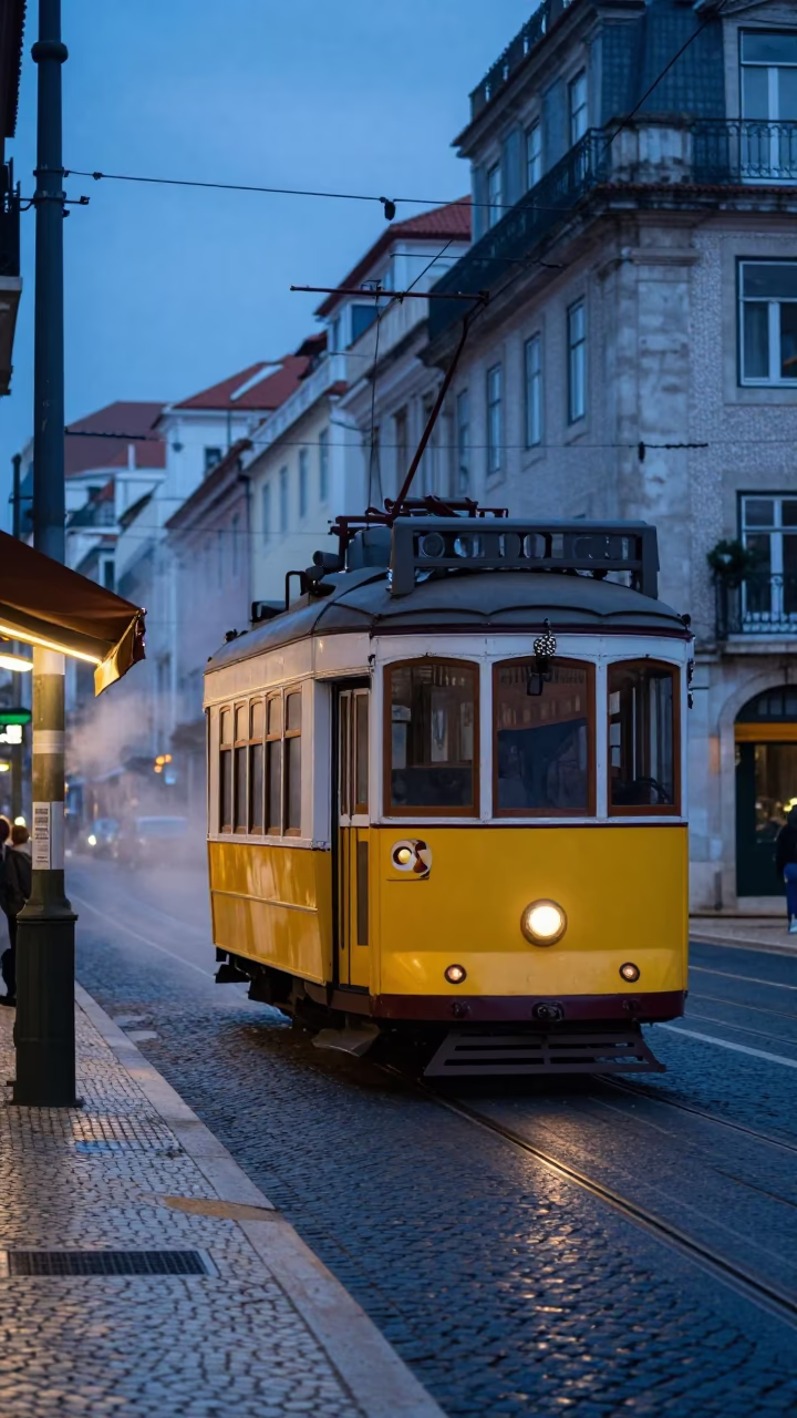 Early Morning Lisbon Street Scene with Yellow Tram and Cobblestones Before Sunrise in in Lisbon, Portugal