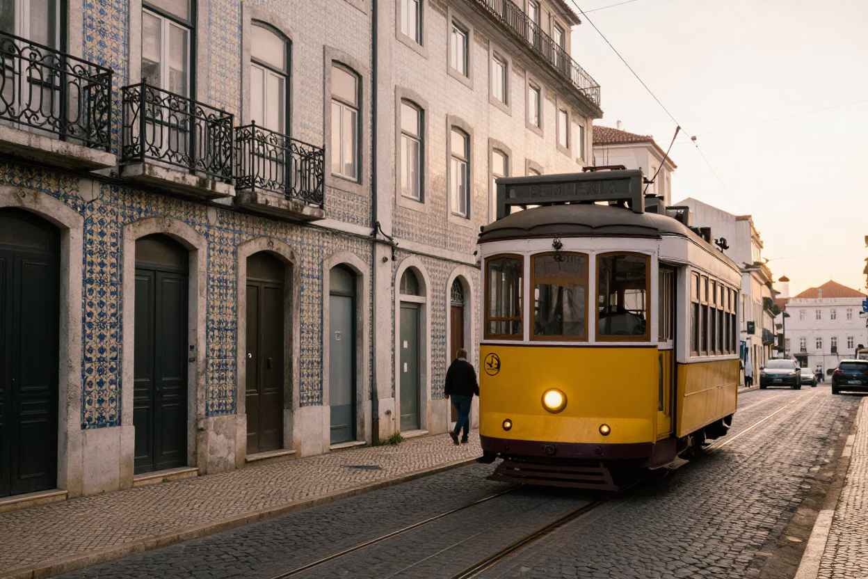 Early Morning Lisbon Street Scene with Yellow Tram and Traditional Architecture in in Lisbon, Portugal