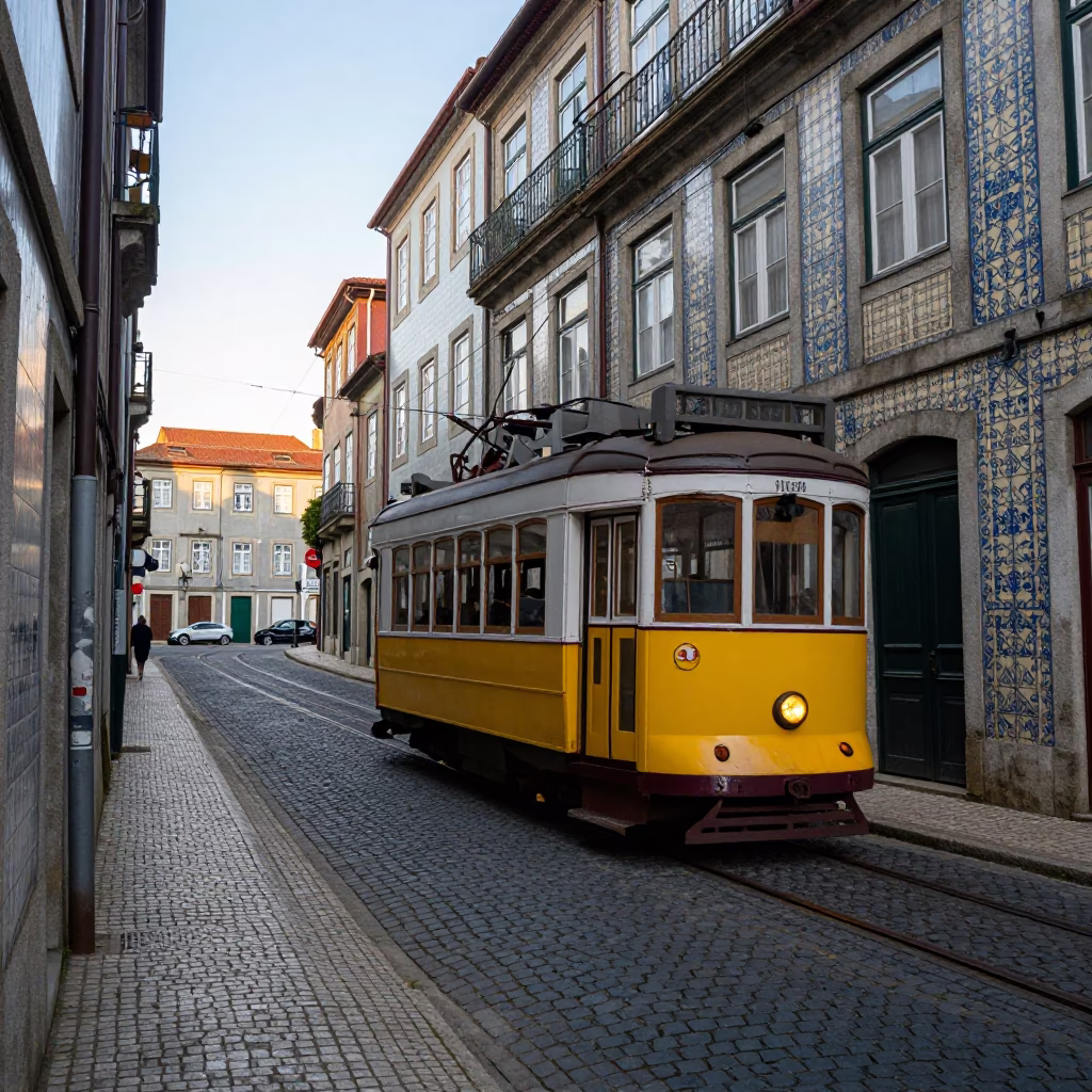 Early Morning Lisbon Tram 28 Passing Stone Buildings in Porto Portugal in in Porto, Portugal