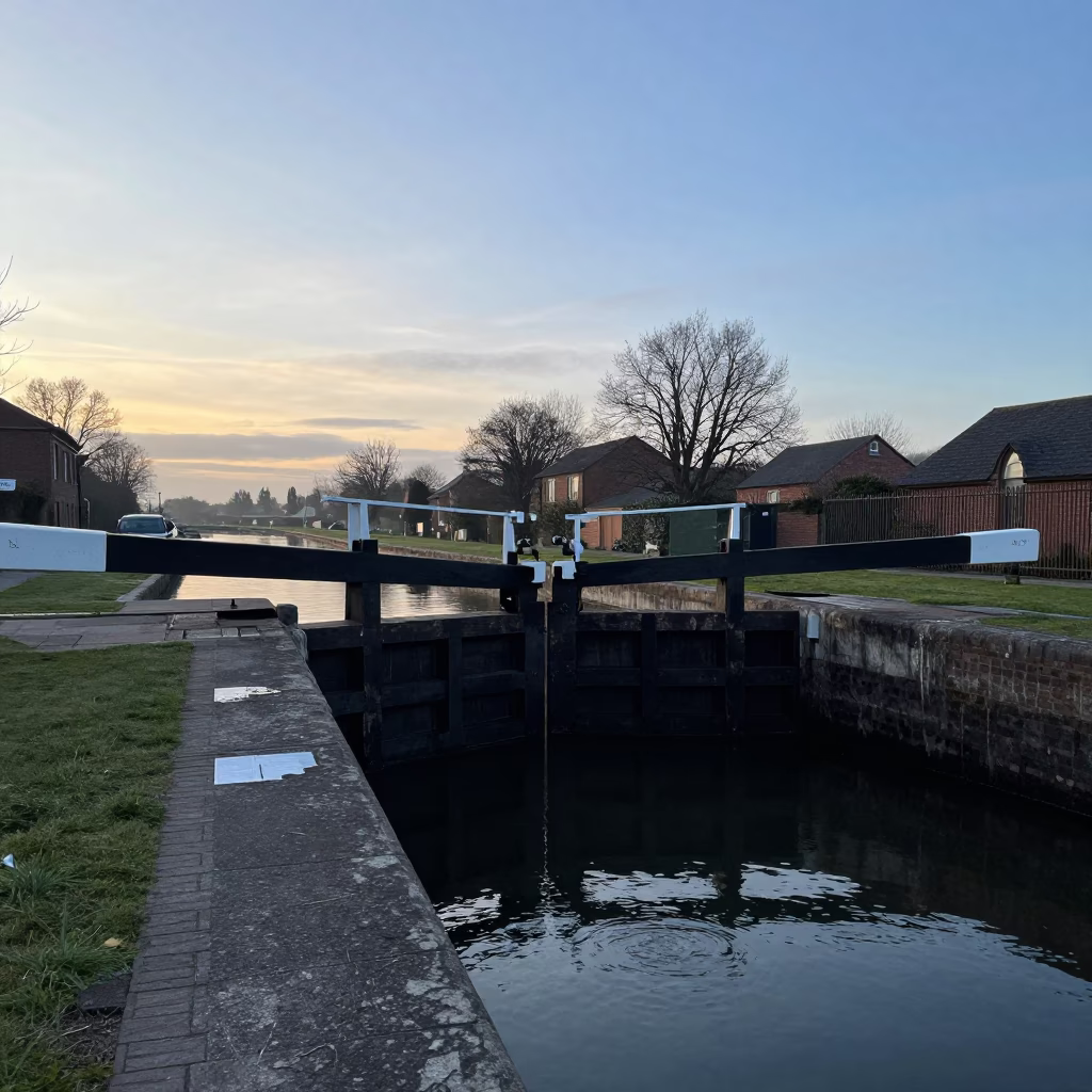 Early Morning Liverpool Canal Lock Scene with Wooden Gates and Radishes in in Liverpool, United Kingdom