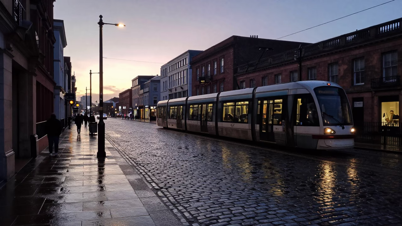 Early Morning Liverpool Cobblestone Street with Tram Reflection and Rain in in Liverpool, United Kingdom