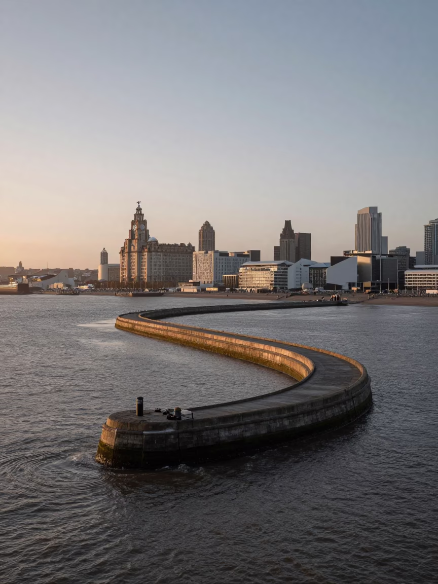 Early Morning Liverpool Harbor View with Spiral Breakwater and City Skyline in in Liverpool, United Kingdom