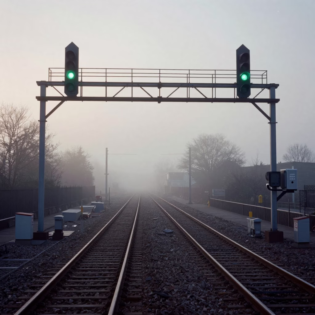 Early Morning Liverpool Railway Signal Gantry and Parallel Tracks in Pre-Dawn Mist in in Liverpool, United Kingdom