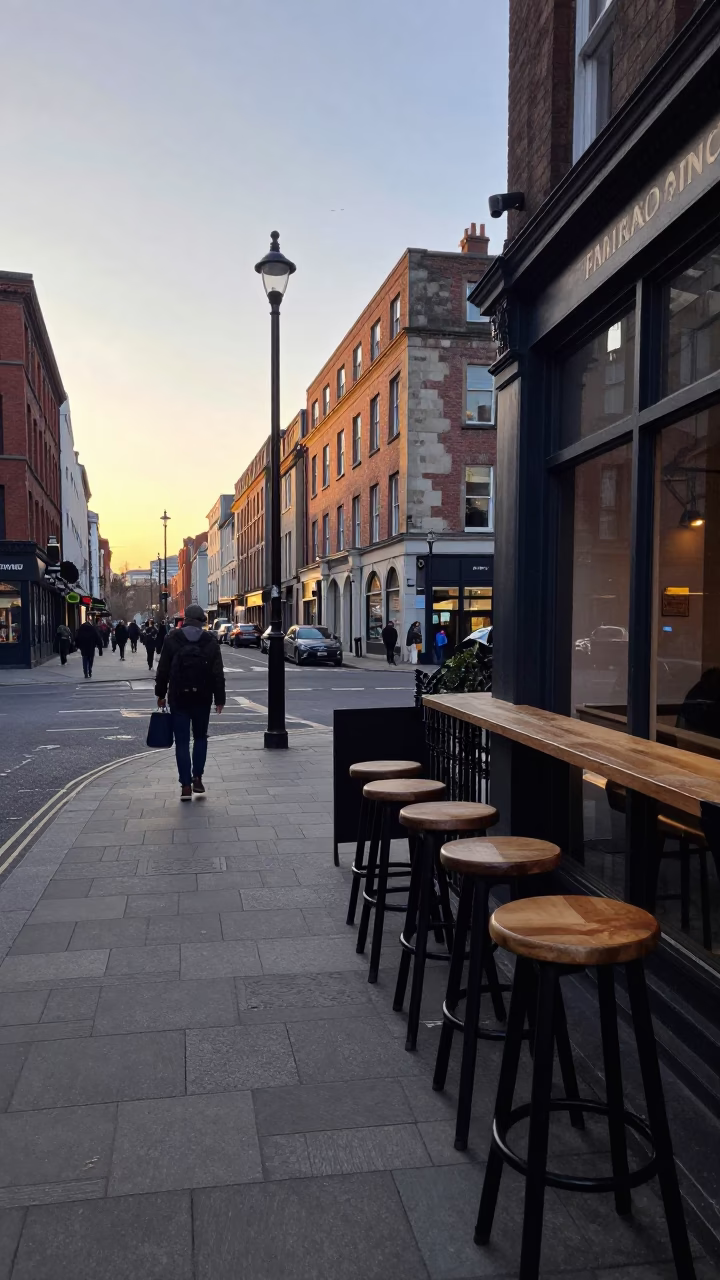 Early morning Liverpool street scene with bar stools and local breakfast in in Liverpool, United Kingdom