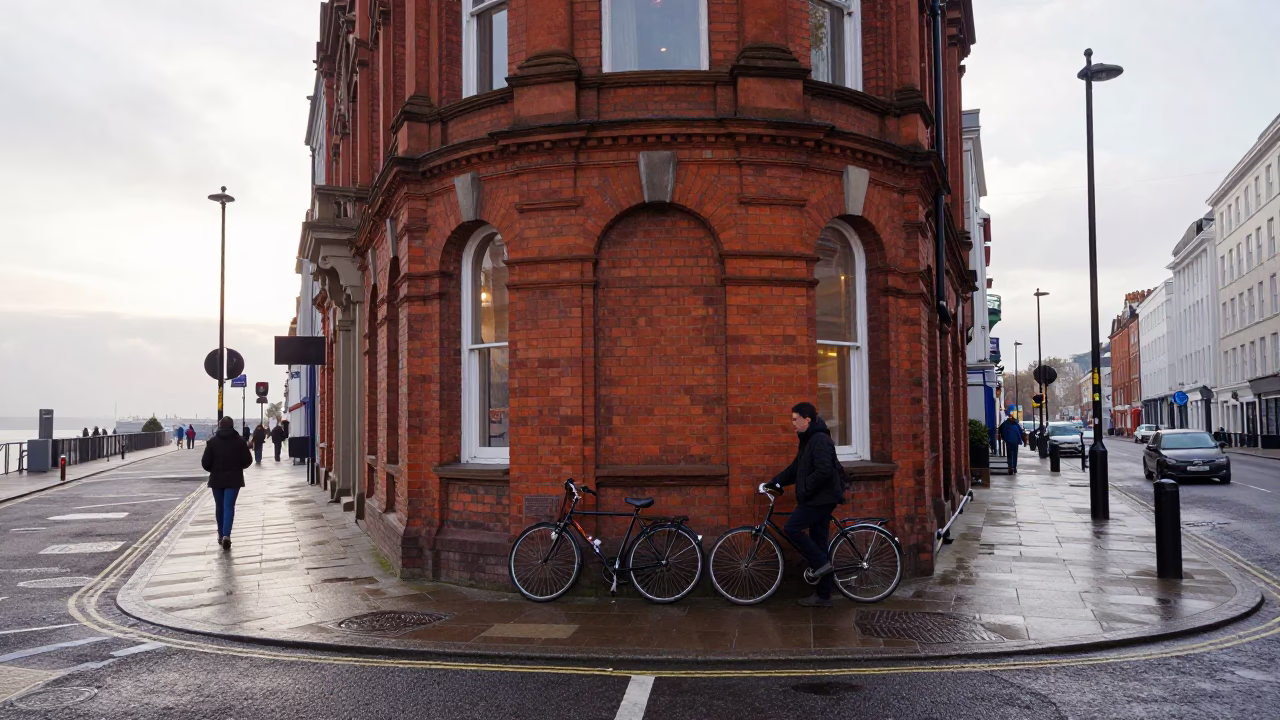 Early Morning Liverpool Street Scene with Bicycle and Urban Architecture in in Liverpool, United Kingdom