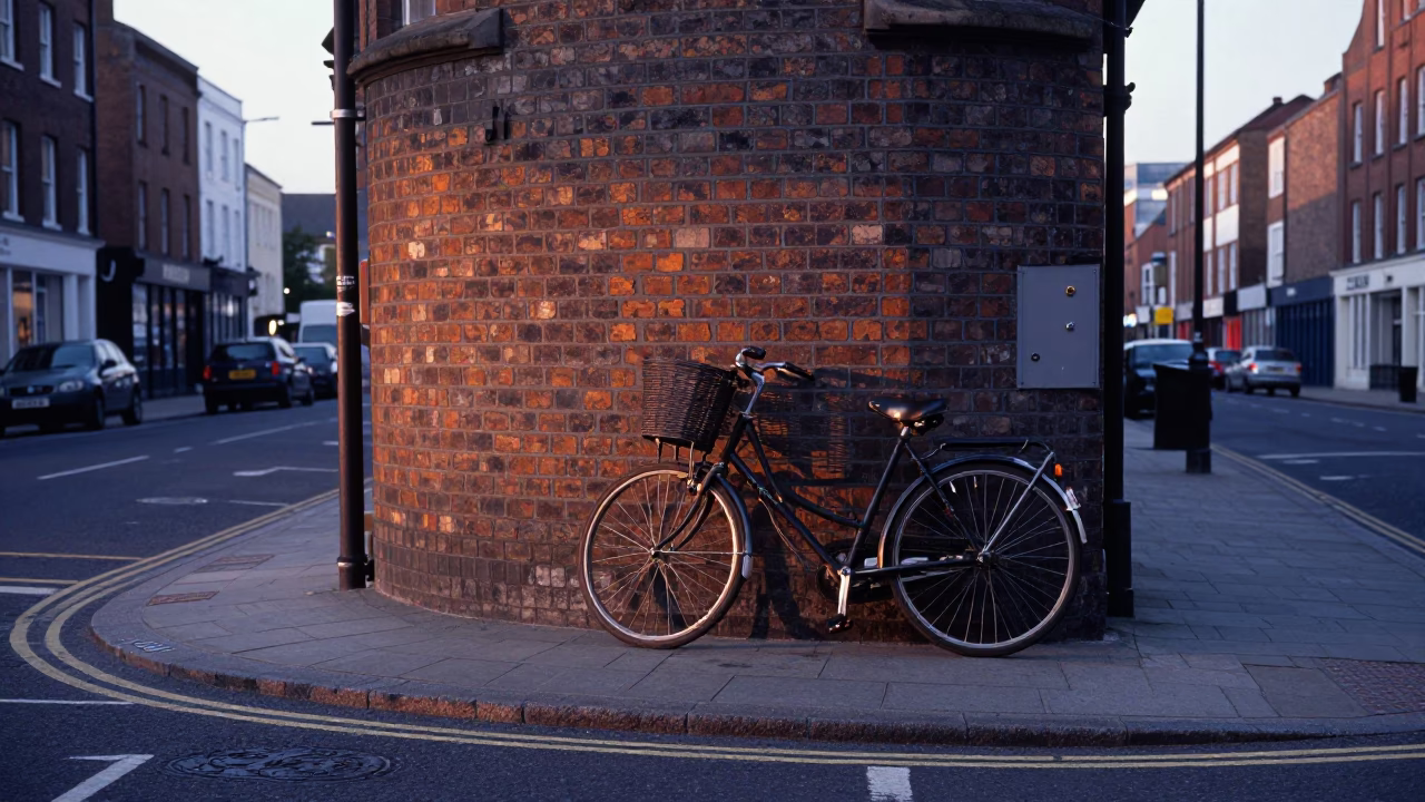Early Morning Liverpool Street Scene with Bicycle Basket and Cutlery Near Waterfront in in Liverpool, United Kingdom