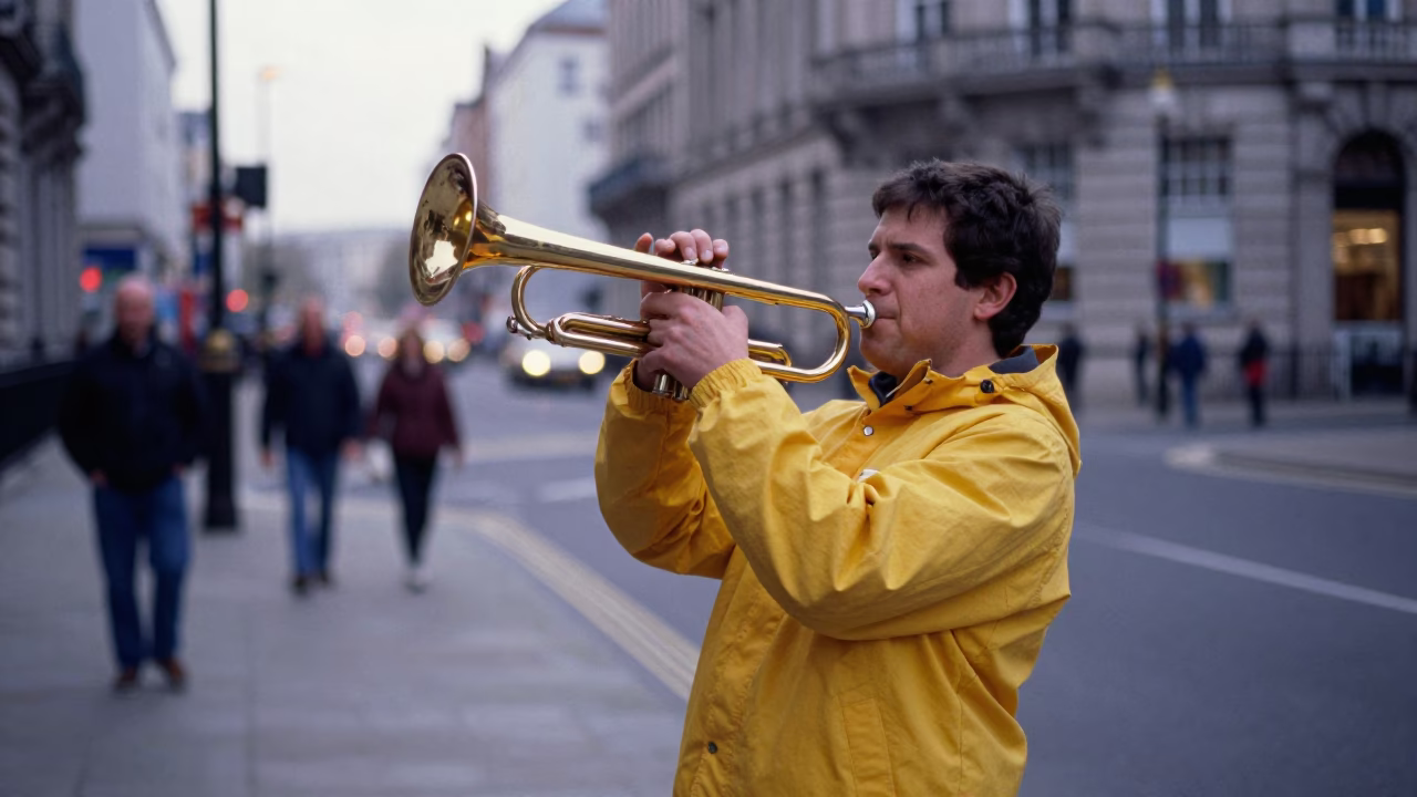 Early Morning Liverpool Street Scene with Brass Instrument and Glass Bottle in in Liverpool, United Kingdom