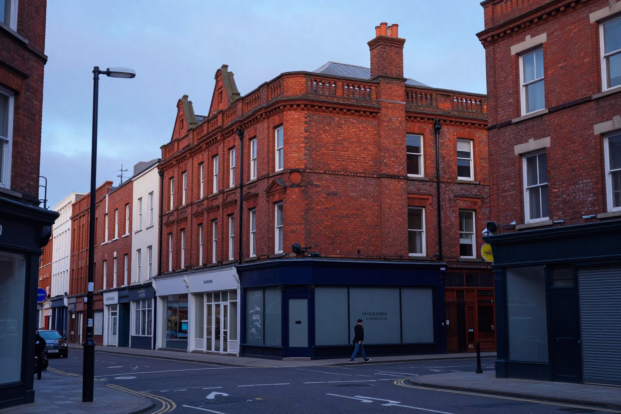 Early Morning Liverpool Street Scene with Brick Facades and Urban Morning Light in in Liverpool, United Kingdom