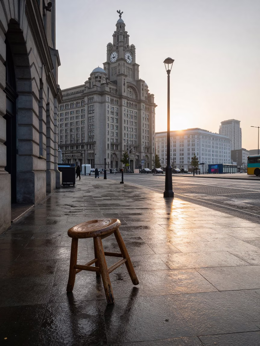 Early Morning Liverpool Street Scene with Broken Stool and Sketchbook Near Waterfront in in Liverpool, United Kingdom