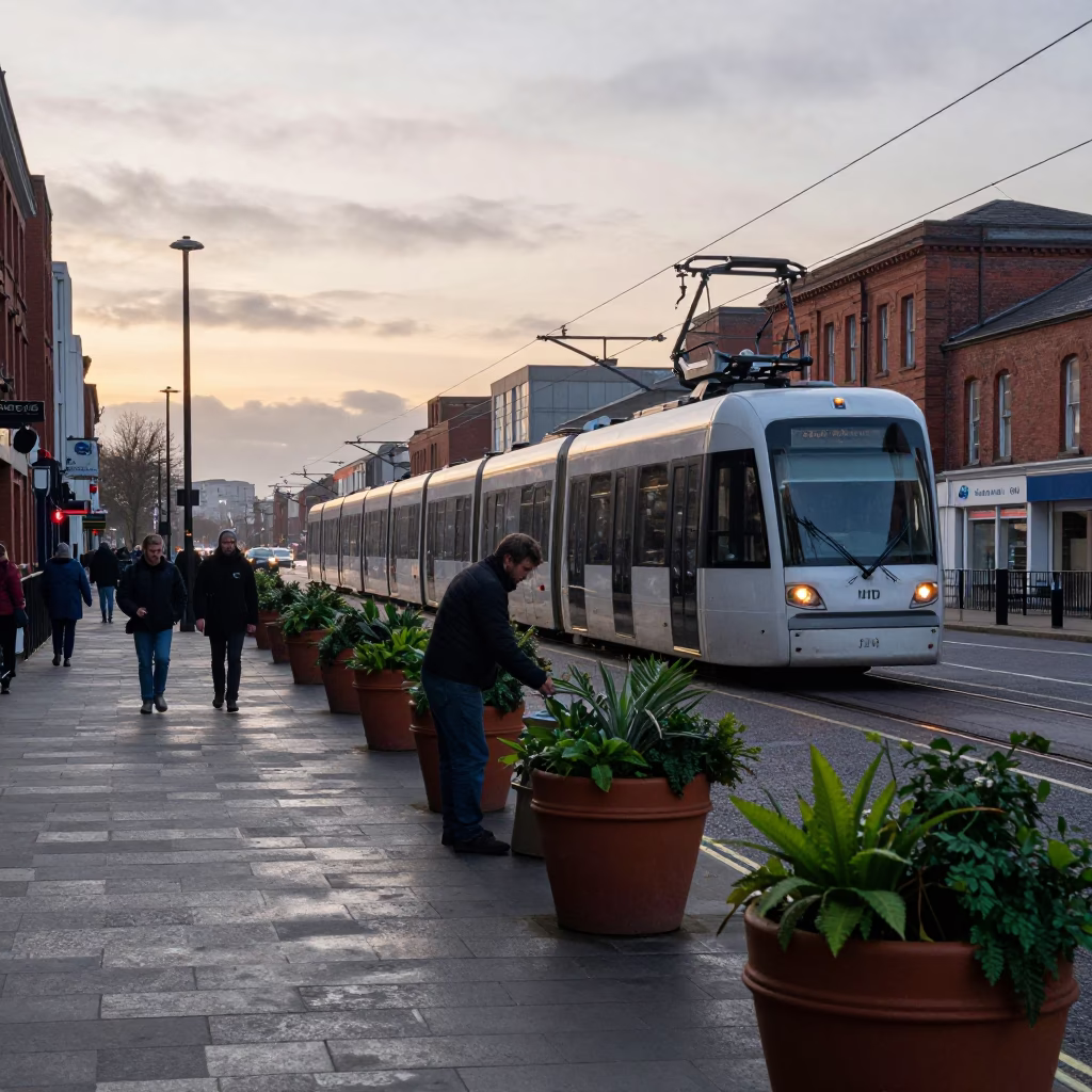 Early Morning Liverpool Street Scene with Monorail and Potted Herbs in in Liverpool, United Kingdom