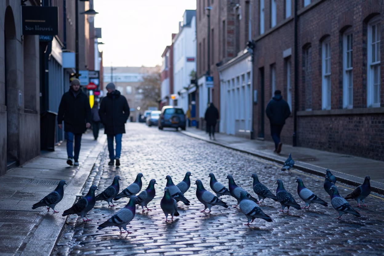 Early Morning Liverpool Street Scene with Pigeons and Urban Details in in Liverpool, United Kingdom