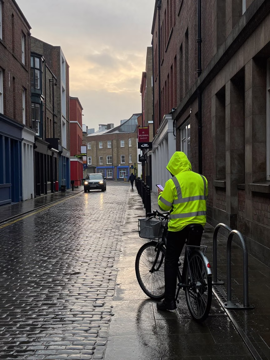 Early Morning Liverpool Street Scene with Rain and Urban Details in in Liverpool, United Kingdom