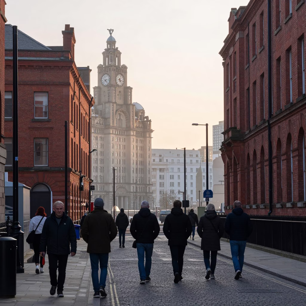 Early Morning Liverpool Street Scene with Red Brick Architecture and Local Commuters in in Liverpool, United Kingdom