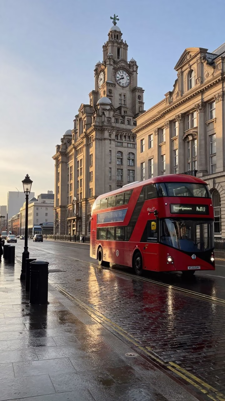 Early Morning Liverpool Street Scene with Red Double-Decker Bus and Victorian Architecture in in Liverpool, United Kingdom