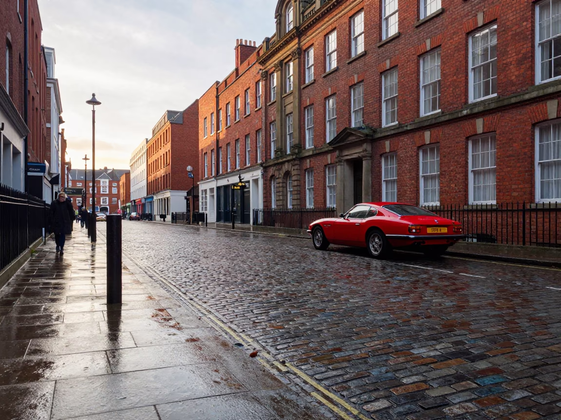 Early Morning Liverpool Street Scene with Red Sports Car and Vintage Urban Architecture in in Liverpool, United Kingdom