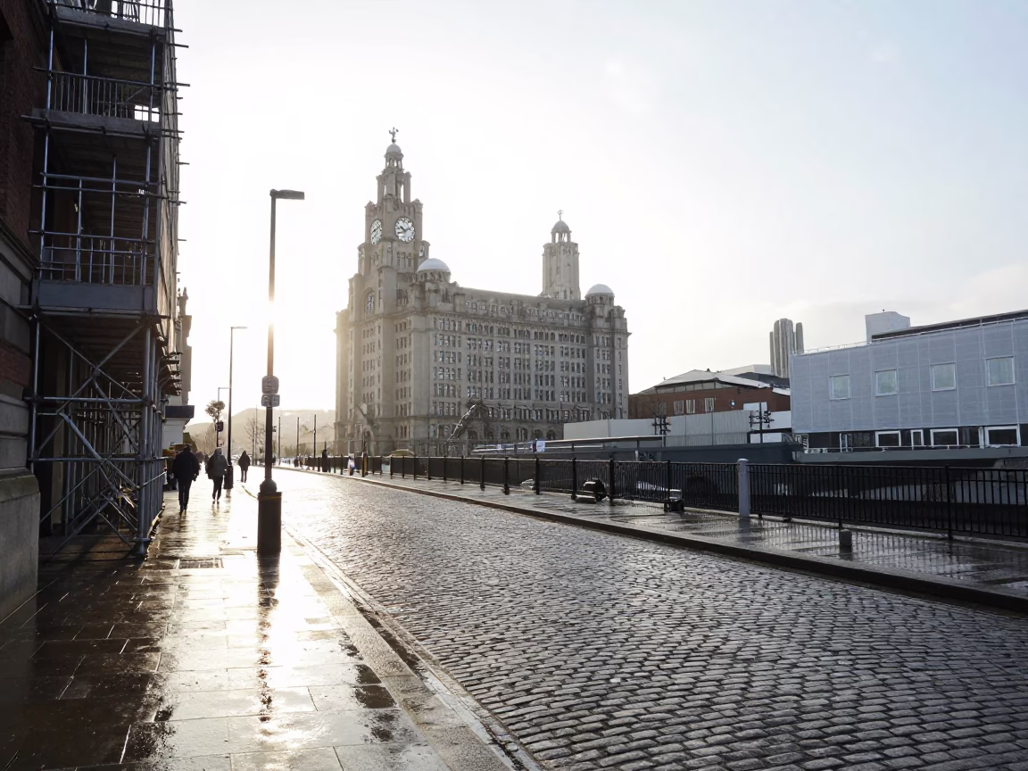 Early Morning Liverpool Street Scene with Scaffolding and Maritime Elements in in Liverpool, United Kingdom