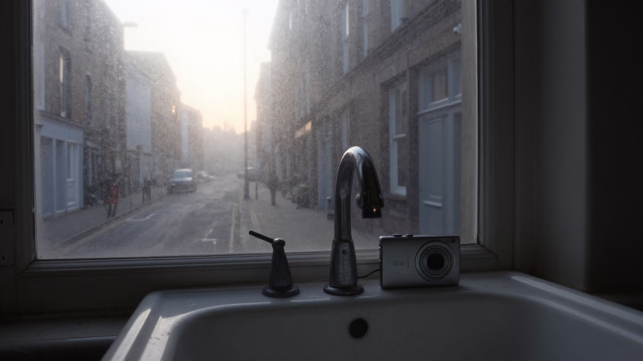 Early Morning Liverpool Street Scene with Scratched Sink Rim and Utensil Crock in Window in in Liverpool, United Kingdom