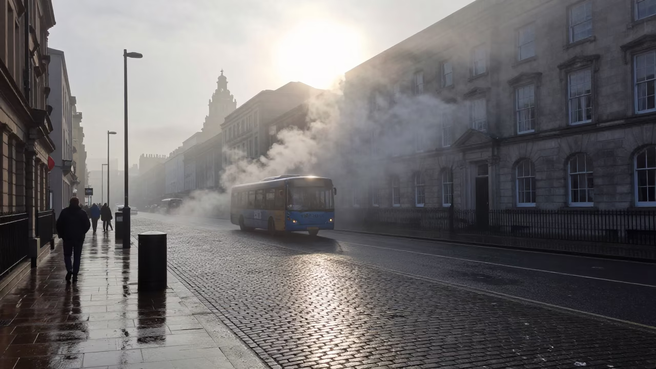 Early Morning Liverpool Street Scene with Steam Haze and Urban Architecture in in Liverpool, United Kingdom