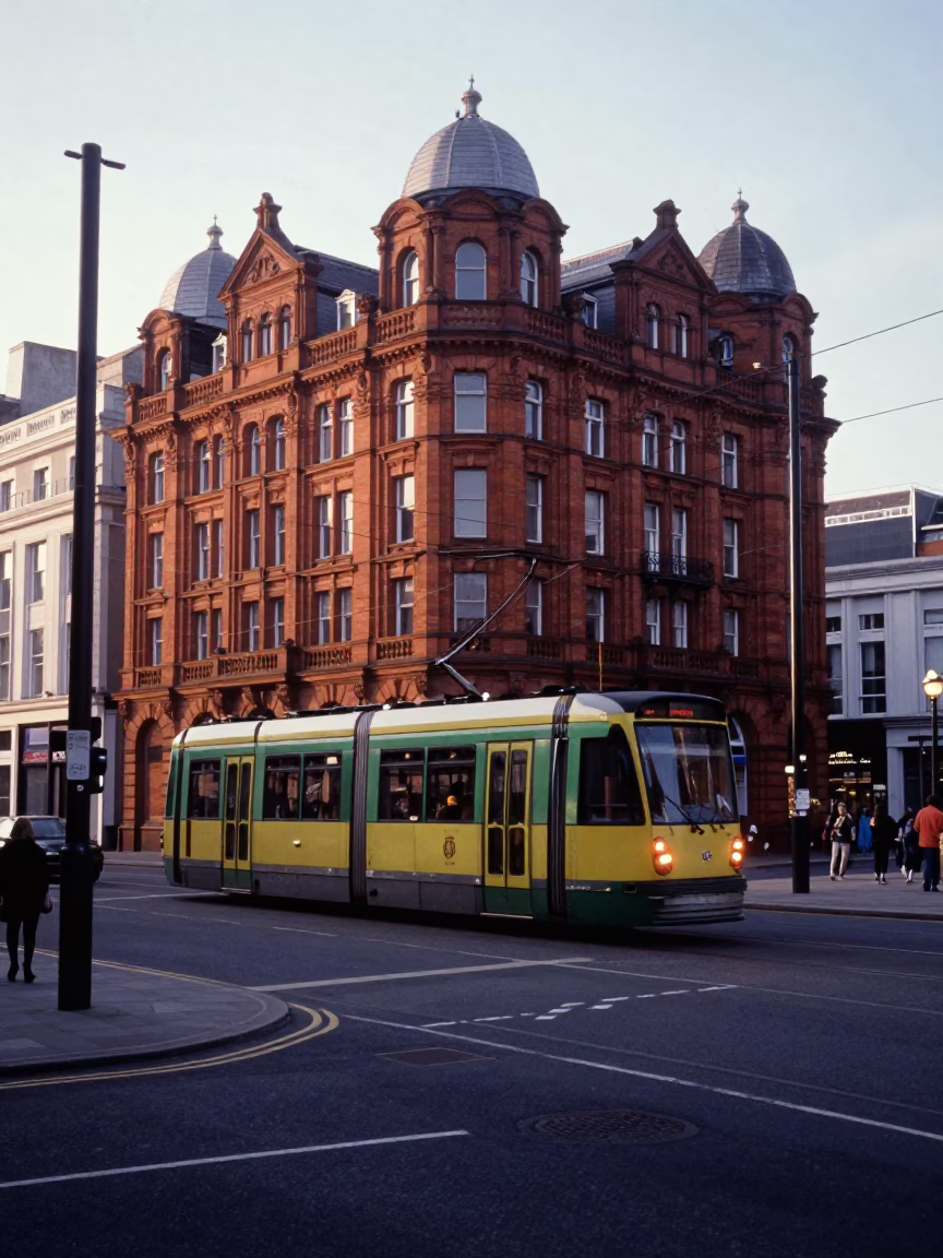 Early Morning Liverpool Street Scene with Tram and Art Nouveau Architecture in in Liverpool, United Kingdom