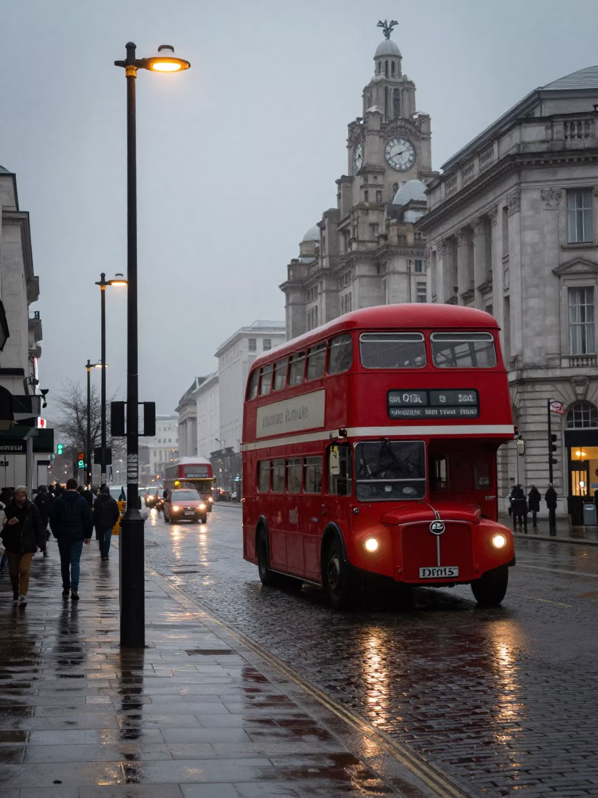 Early Morning Liverpool Street Scene with Vintage Bus and Local Commuters in in Liverpool, United Kingdom