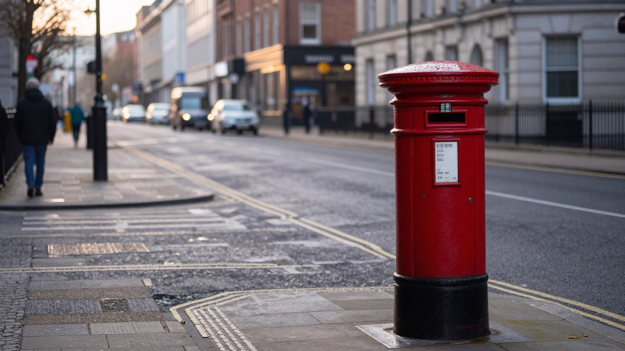 Early Morning Liverpool Street Scene with Vintage Red Post Box and Damp Cobblestones in in Liverpool, United Kingdom