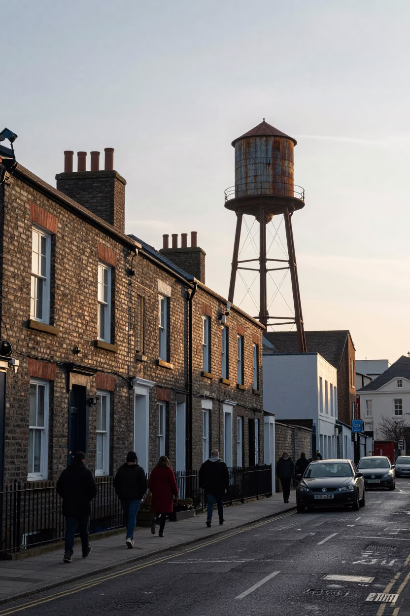 Early Morning Liverpool Street Scene with Water Tower and Urban Activity in in Liverpool, United Kingdom