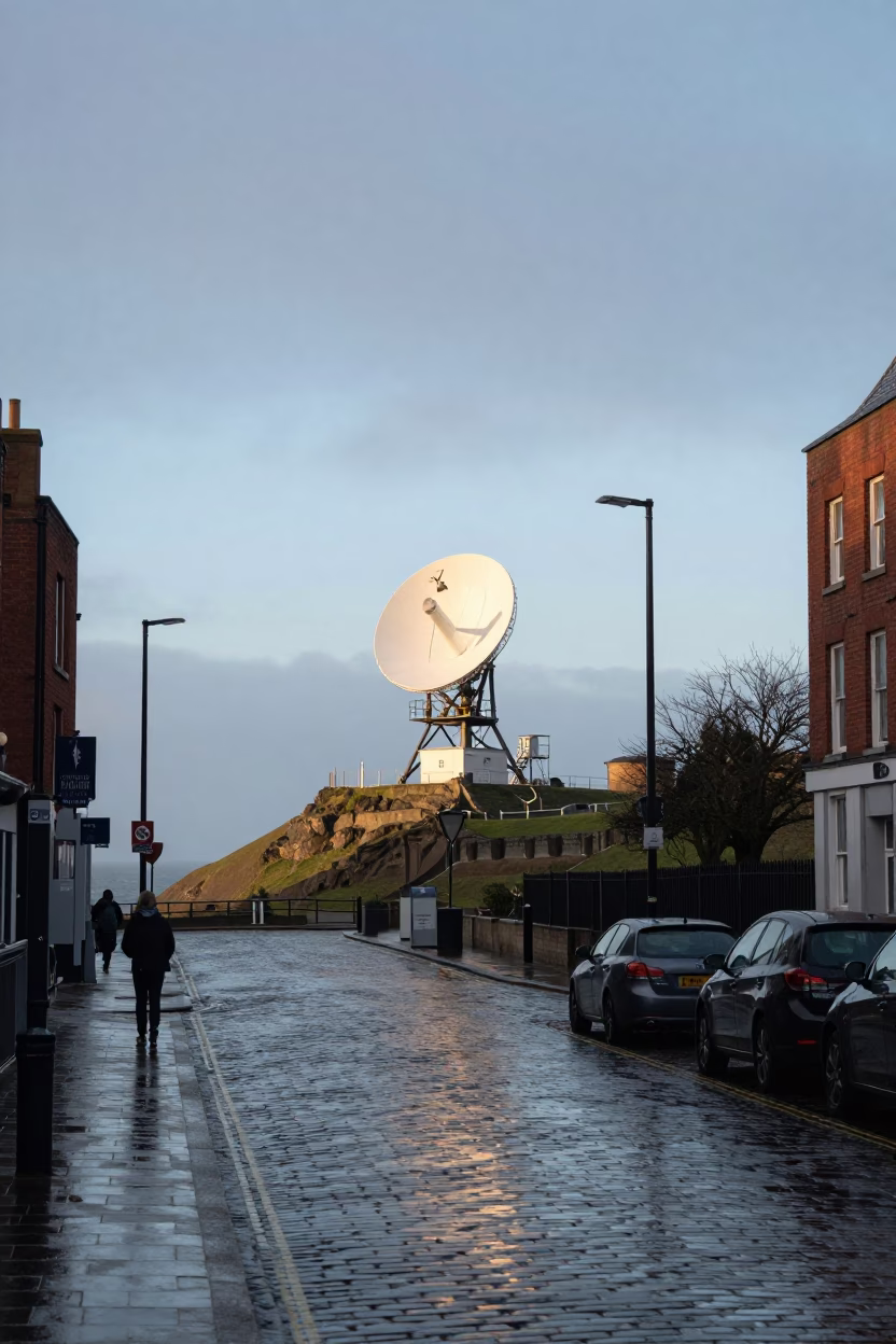Early Morning Liverpool Street Scene with Weather Radar and Turnbuckle in in Liverpool, United Kingdom
