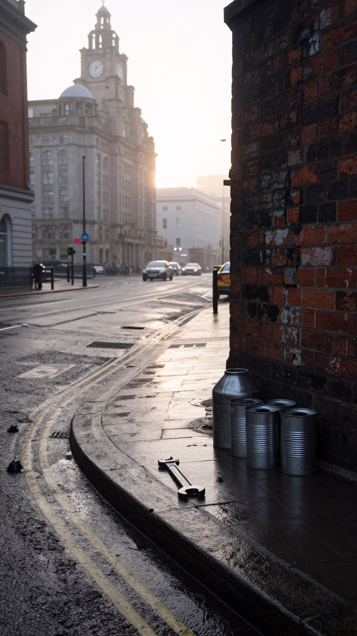 Early Morning Liverpool Street Scene with Wrench and Canister Set on Cobblestones in in Liverpool, United Kingdom