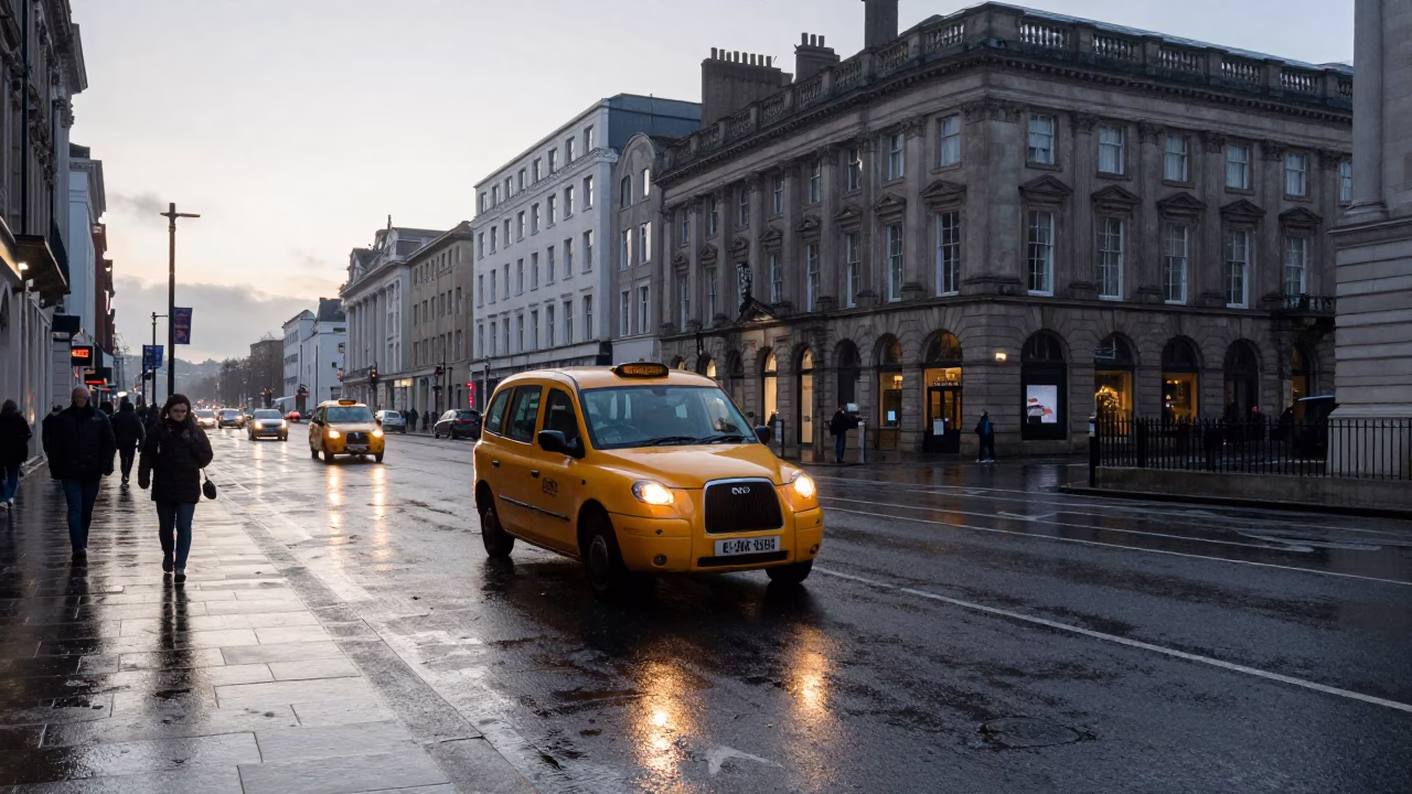 Early Morning Liverpool Street Scene with Yellow Taxi and Rain on Pavement in in Liverpool, United Kingdom