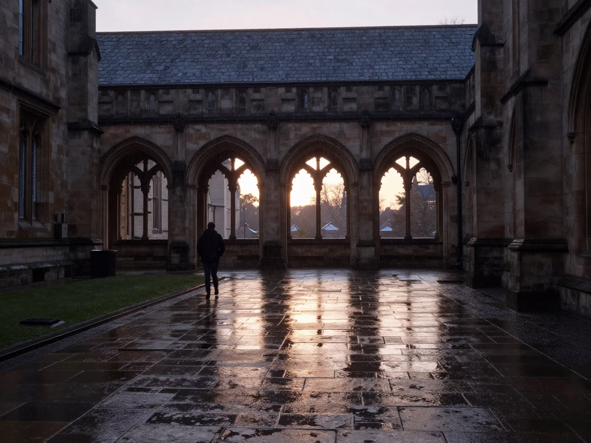 Early Morning Liverpool University Cloister Wet Flagstones and Rain in in Liverpool, United Kingdom