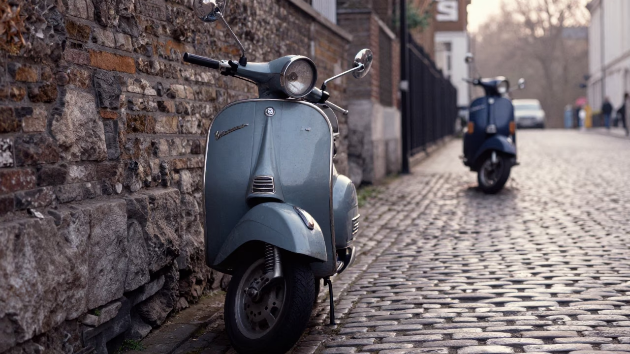 Early Morning London Cobblestone Lane with Vintage Vespa and Wine Shop Shelf Ladder in in London, United Kingdom