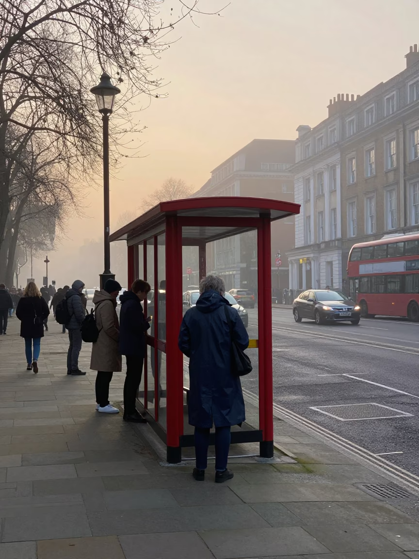 Early Morning London Commuter Raincoats Near Red Bus Shelter at Sunrise in in London, United Kingdom