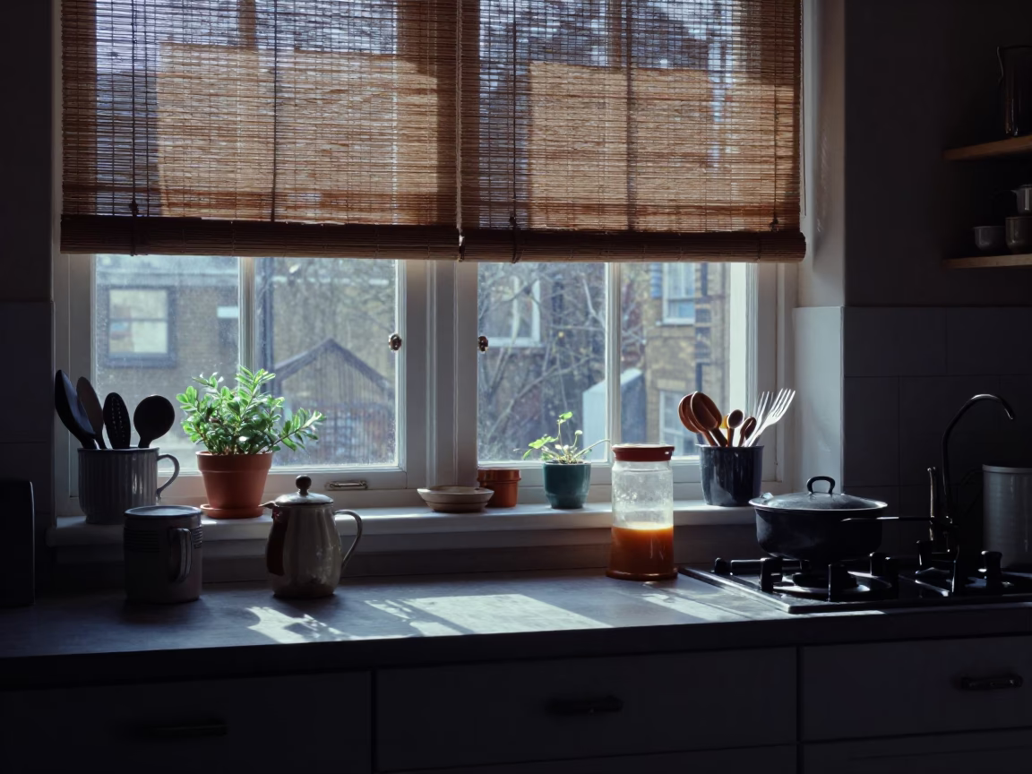 Early Morning London Kitchen with Vintage Decor and Natural Light in in London, United Kingdom