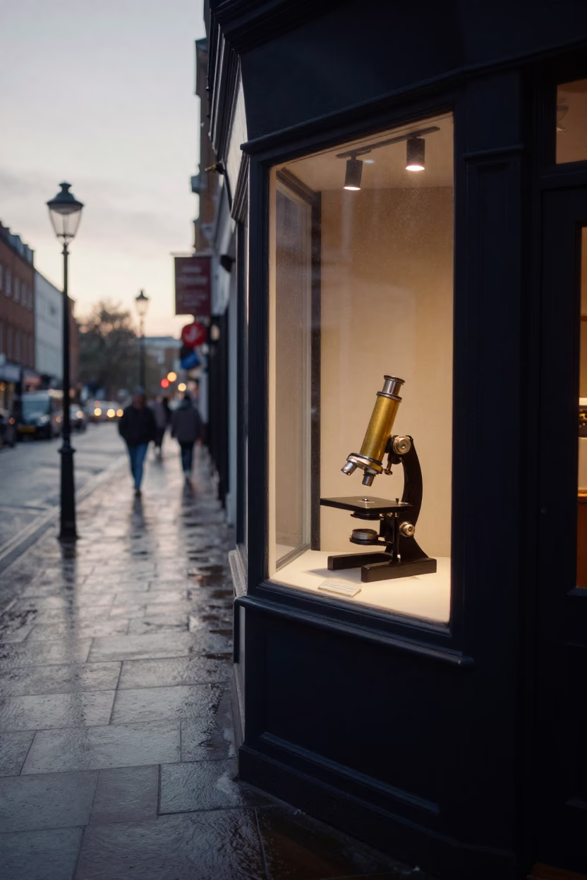 Early Morning London Street Scene with Antique Microscope and Wall Hook in Kensington in in London, United Kingdom