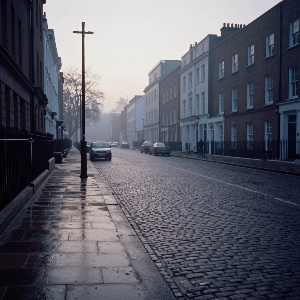 Early Morning London Street Scene with Cobblestones and Distant Tower Bridge Silhouette in in London, United Kingdom