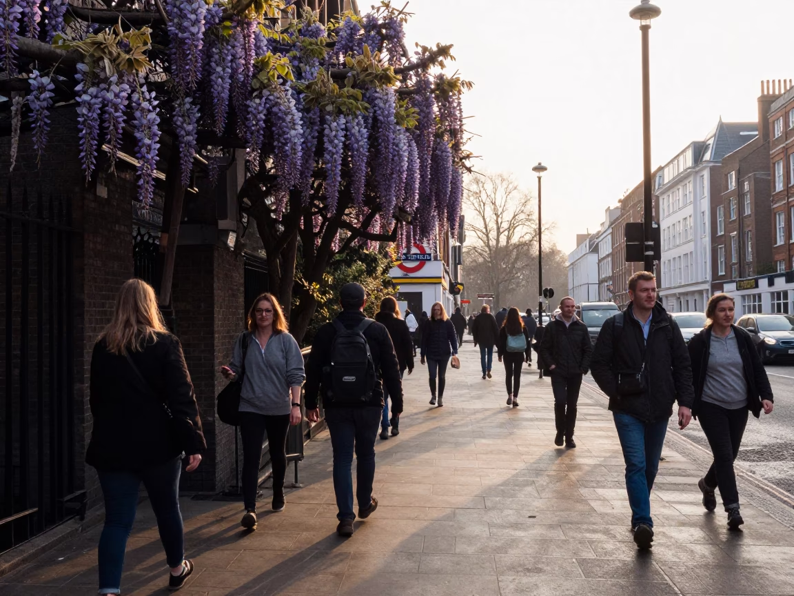 Early Morning London Street Scene with Commuters and Wisteria Tunnel Blooms in in London, United Kingdom